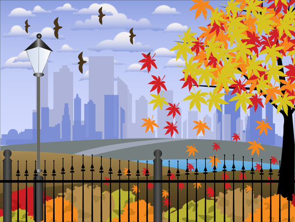 illustrazione di vettore di paesaggio urbano tranquillo con disegno colorato
