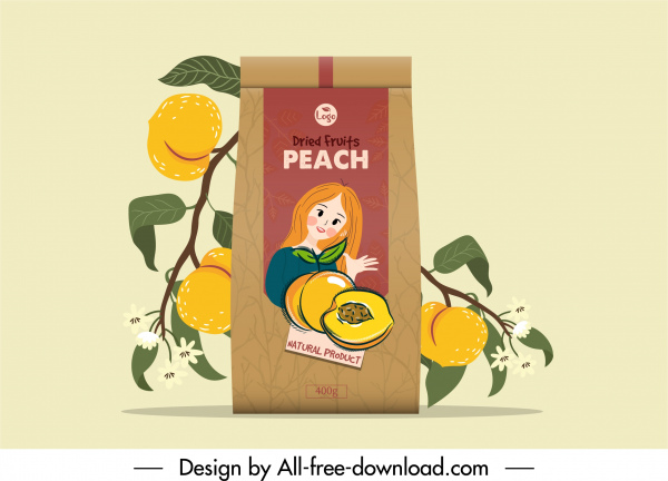 modelo de pacote de frutas de pêssego decoração clássica retraída à mão