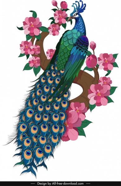 Peacock lukisan warna-warni dekorasi oriental klasik