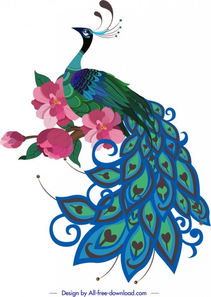 孔雀畫五顏六色的東方素描櫻花裝飾