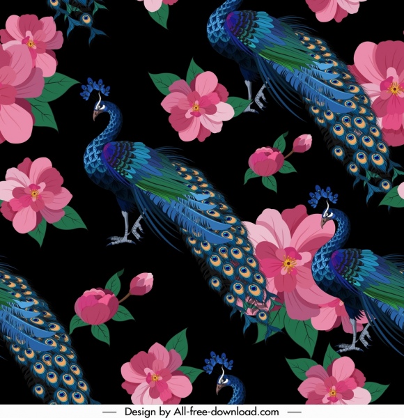 padrão de pavão colorido clássico repetindo design de flores decoração
