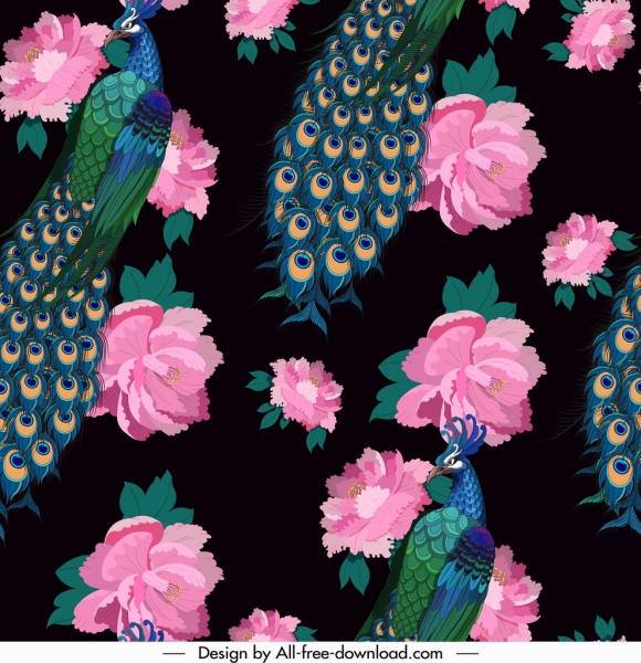 burung-burung merak pola gelap warna-warni dekorasi elegan mengulangi desain