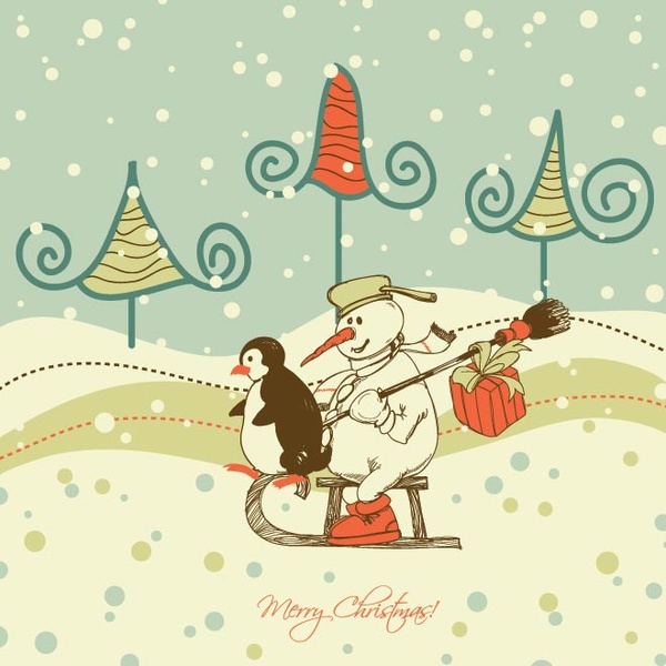 เพลิดเพลินกับนกเพนกวินในบัตรอวยพรคริสต์มาสฉากฤดูหนาวเวกเตอร์