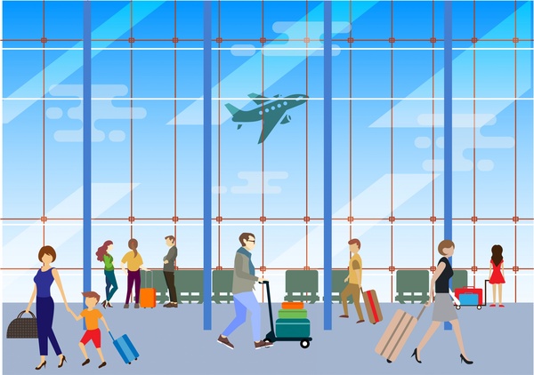 pessoas no design do aeroporto em estilo colorido