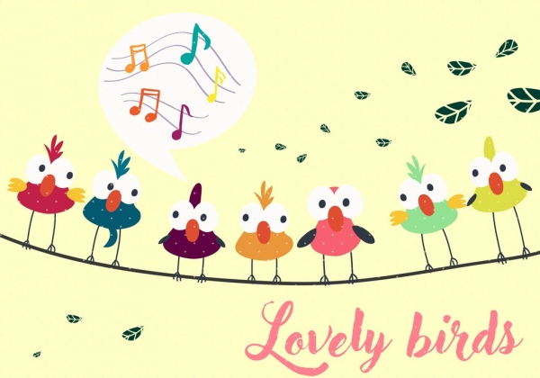 Pássaros empoleirando fundo multicolorido desenho animado decoração