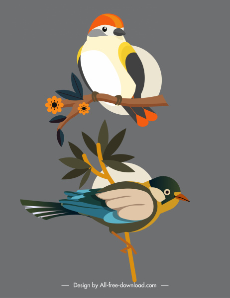 perching pájaros iconos colorido boceto clásico