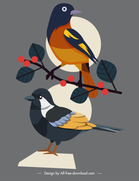 perching pájaros iconos colorido boceto clásico plano