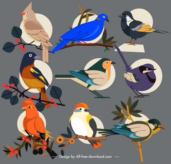 ícones pássaros empinando elegante esboço colorido