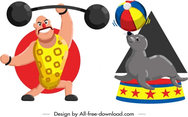 iconos de sello del atleta de realizar personajes de dibujos animados de colores