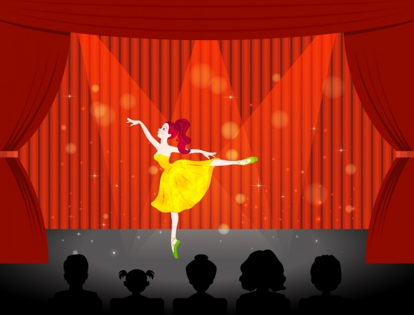 Durchführung von weiblichen Ballerina Symbol funkelnden roten Vorhang Bühne