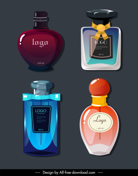 ikony butelek perfum błyszczące eleganckie kształty