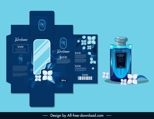 template paket parfum mewah desain biru dekorasi bunga