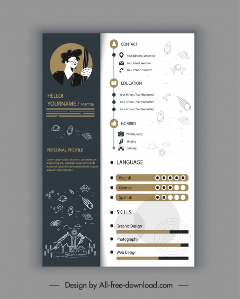template CV pribadi astronot tema kontras dekorasi