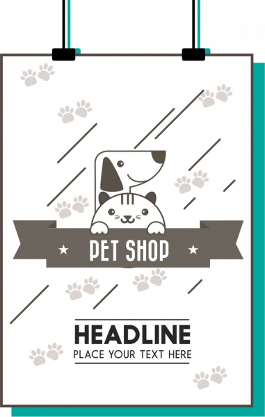 Cửa hàng thú vật, áp phích quảng cáo có dấu chân chó mèo trang trí.