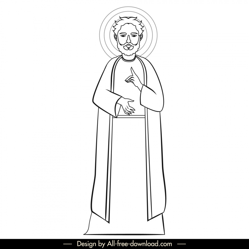 Peter Christian apôtre icône noir blanc Vintage dessin animé personnage contour