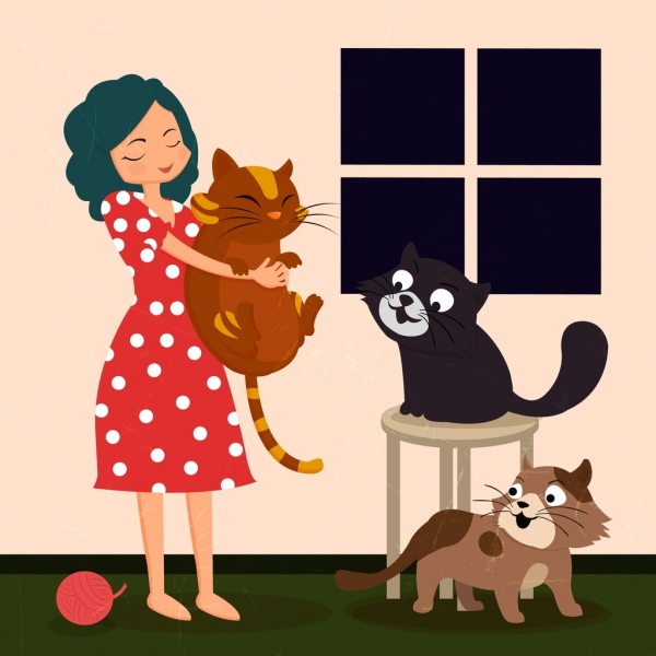 Thú nuôi mèo màu vẽ hoạt hình biểu tượng của phụ nữ