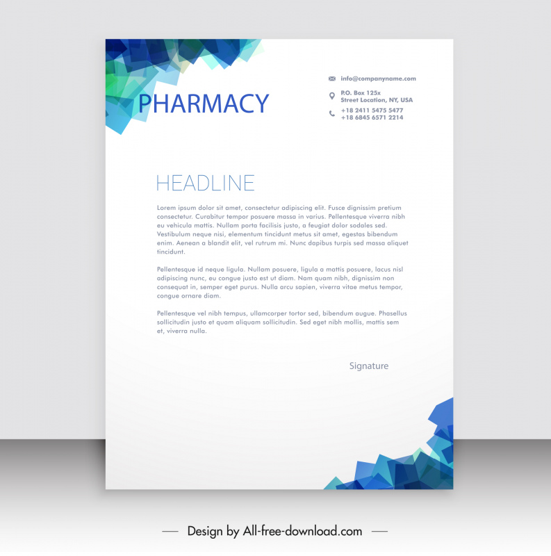 Modèle de papier à en-tête de correspondance de pharmacie moderne 3D faible décor polygonal