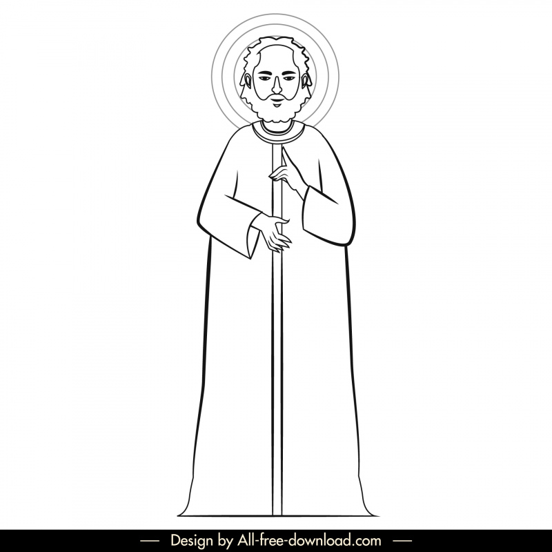 Philip Christian Apostle ikon hitam putih garis besar karakter kartun retro