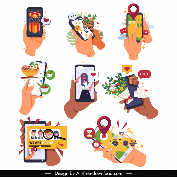 Telefon-Anwendung Symbole Hände Benutzeroberfläche Skizze