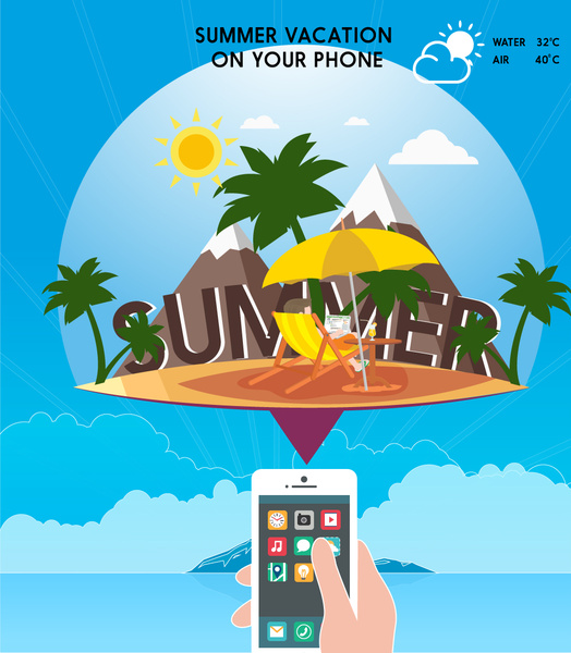 banner de promoção de aplicativo de telefone com projeto de férias de praia