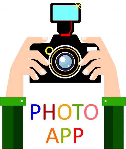 写真アプリのコンセプトデザイン手とカメラのイラスト