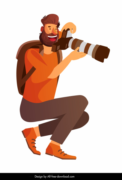fotógrafo ícone sentado gesto colorido desenho animado personagem esboço