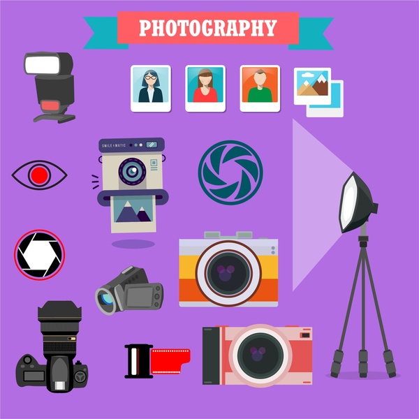 Fotografie-Symbole-Illustration mit verschiedenen farbigen Symbolen