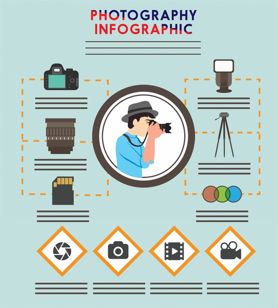 Fotoğraf Infographic kamera aksesuarları simgeleri tasarım