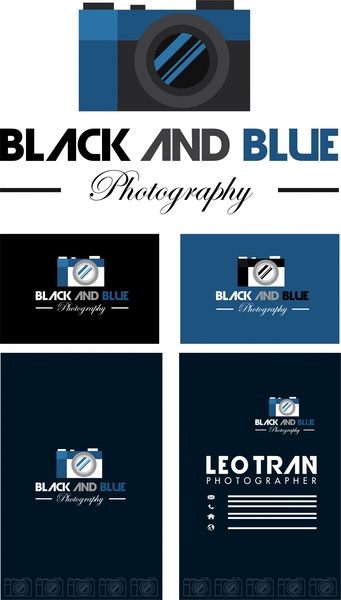 desain logo fotografi pada latar belakang hitam dan biru