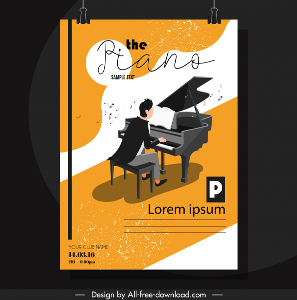 ピアノのお祝いのポスターピアニストのアイコンカラフルなクラシックデザイン
