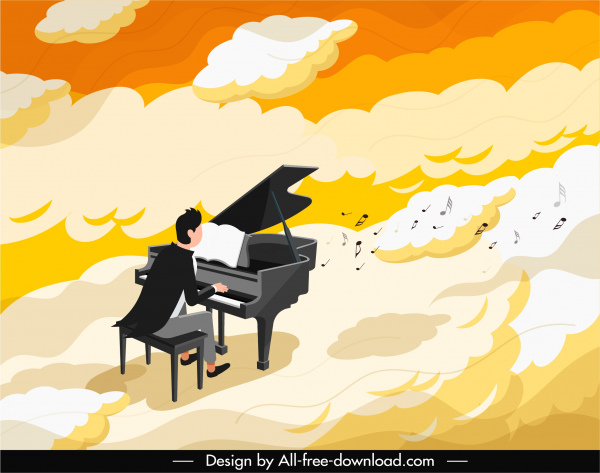 鋼琴表演繪畫厚雲裝飾卡通設計