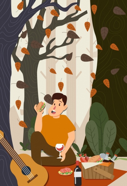 Fondo de picnic comiendo a hombre caer hojas de color de dibujos animados