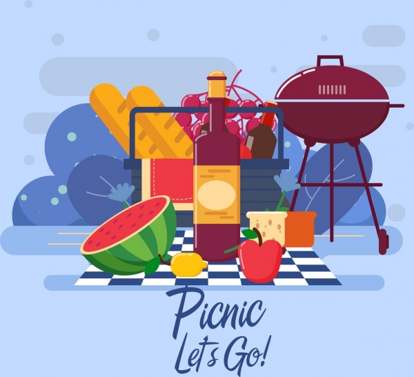 latar belakang piknik keranjang makanan dekorasi ikon barbekyu