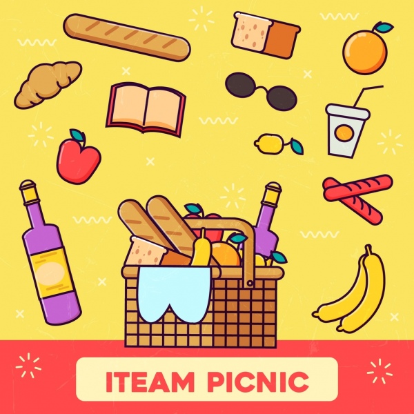 ícones de comida do piquenique fundo colorido design plano