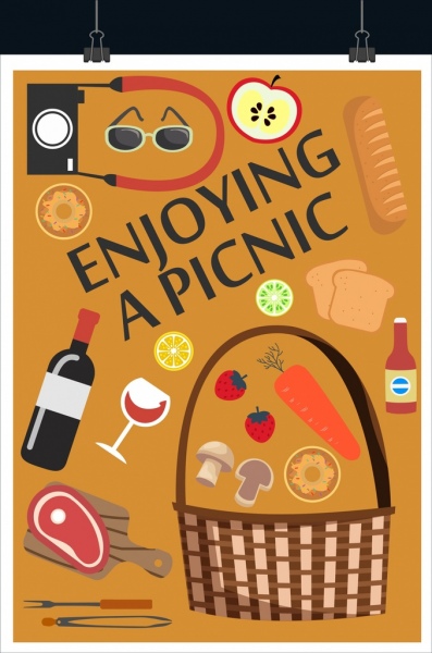 ikon keranjang makanan spanduk piknik desain datar klasik