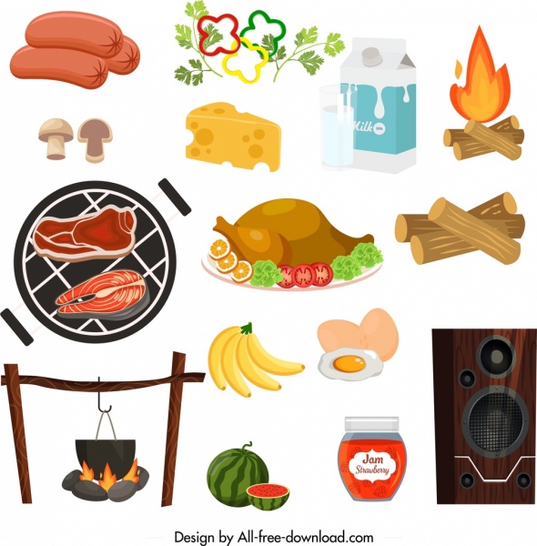 piquenique elementos de design culinário alto-falante ícones esboço
