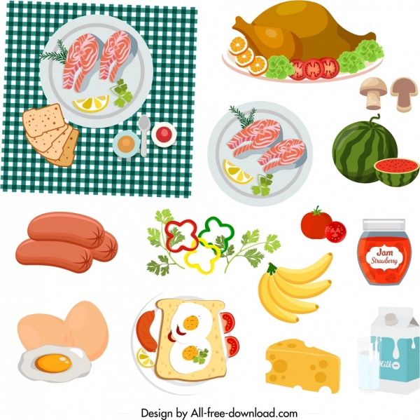 elemen desain piknik ikon makanan sketsa desain berwarna-warni