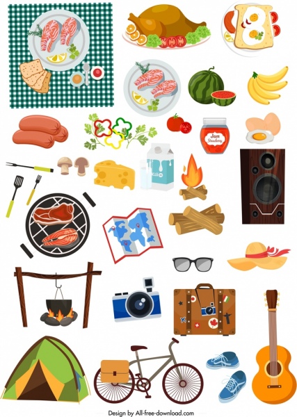 elementos de design de piquenique alimentos utensílios pessoais ícones