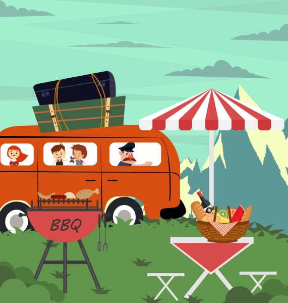 piknik menggambar bus perjalanan barbekyu makanan luar ikon