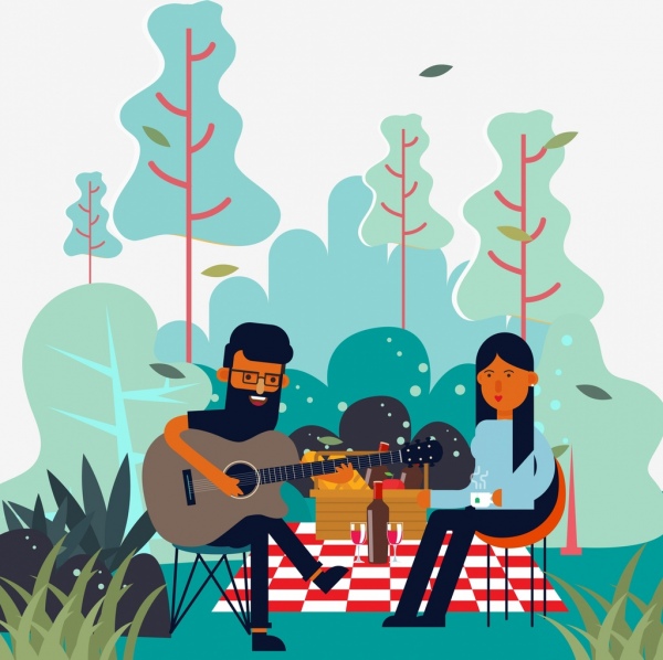 Picknick, freudige paar Gitarrist Symbole farbige Karikatur Zeichnung