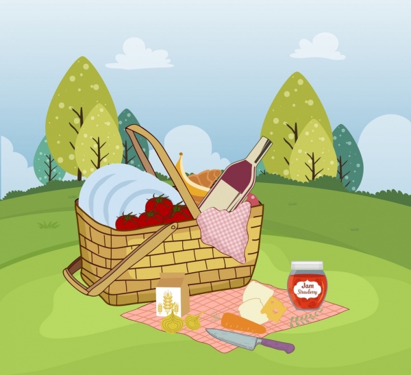 пикник живописи цветные статических дизайн иконок продовольственной корзины