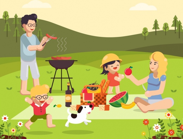 lukisan piknik makanan keluarga yang menyenangkan dekorasi ikon barbekyu