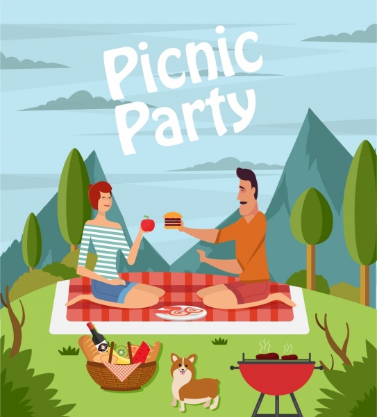 Picknick-Party-Zeichnung-paar-Symbol farbig Cartoon-design