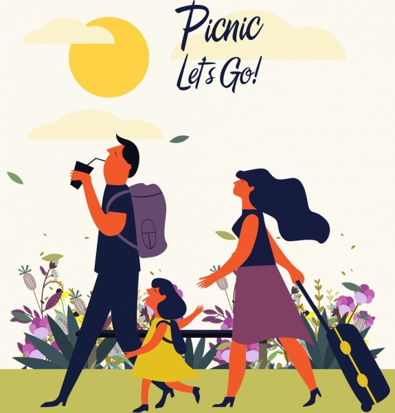 piknik keluarga poster ikon berwarna kartun desain