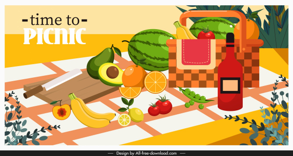 Poster piknik buah keranjang sketsa klasik warna-warni