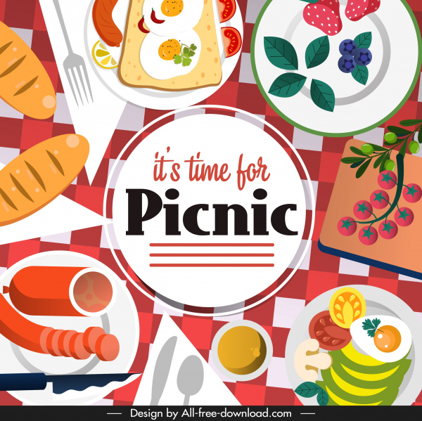 piknik waktu poster makanan sketsa desain warna-warni datar