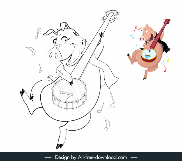 porc jouant l’icône de guitare drôle dessin animé croquis tiré à la main