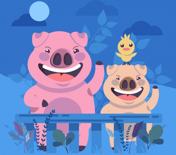 豚の背景かわいい様式化された漫画のキャラクター