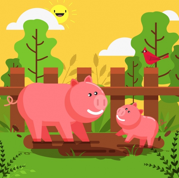 돼지 농장 그림 여러 가지 빛깔의 고전적인 디자인