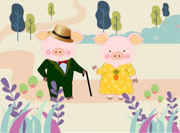 porcs peignant des personnages de dessins animés stylisés